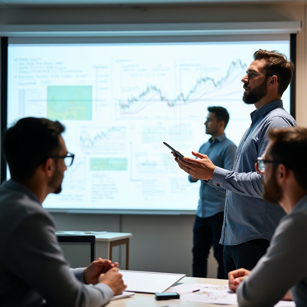 Miembros del equipo discutiendo estrategias frente a un tablero