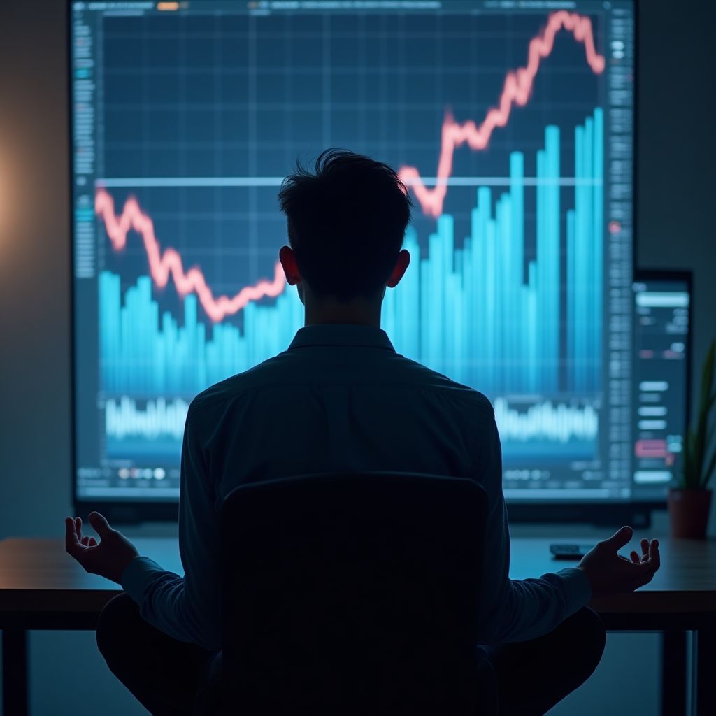 Persona meditando frente a gráficos de trading, simbolizando calma y control